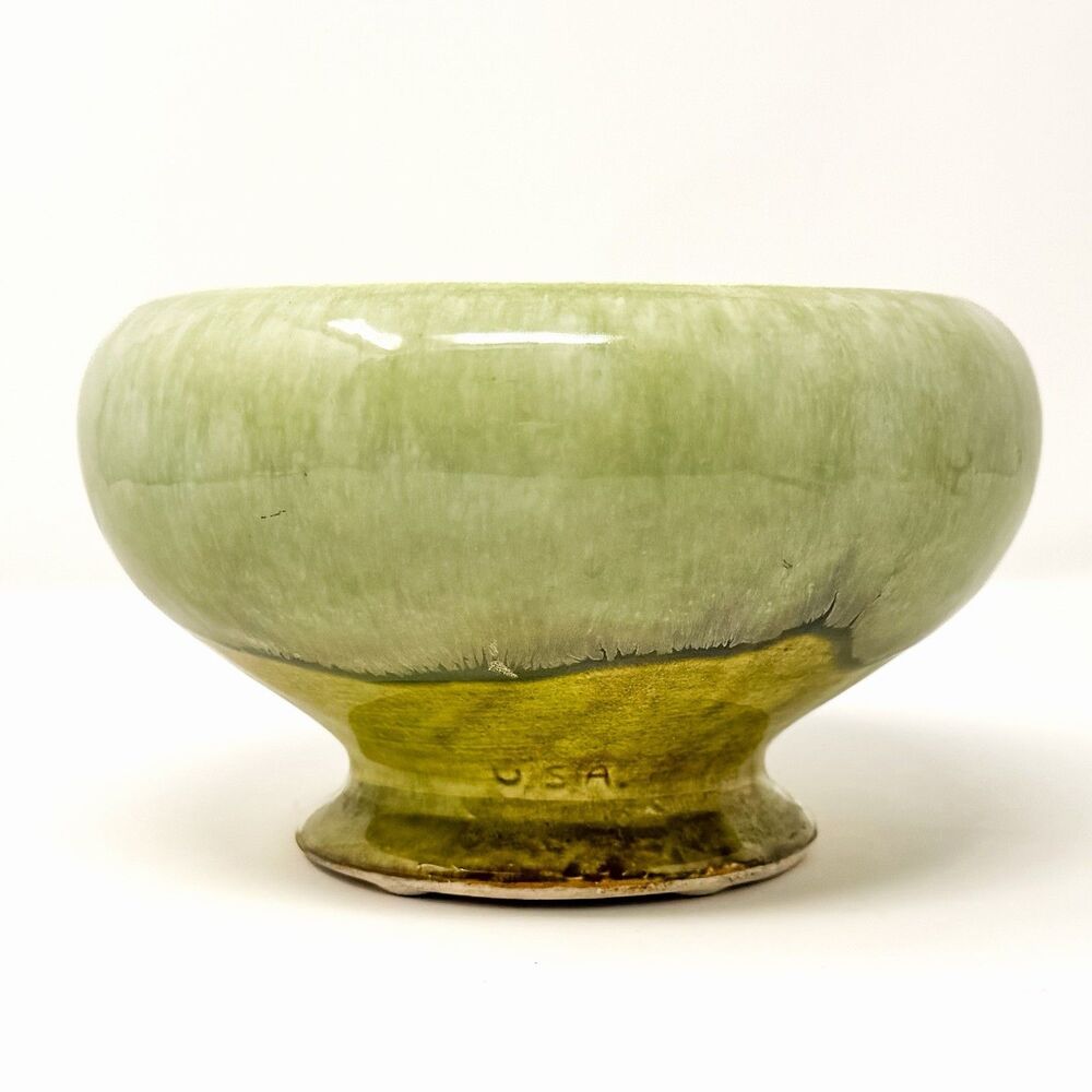 Vintage California Pottery Pedestal Bowl Green Drip Glaze MCM USA 6”